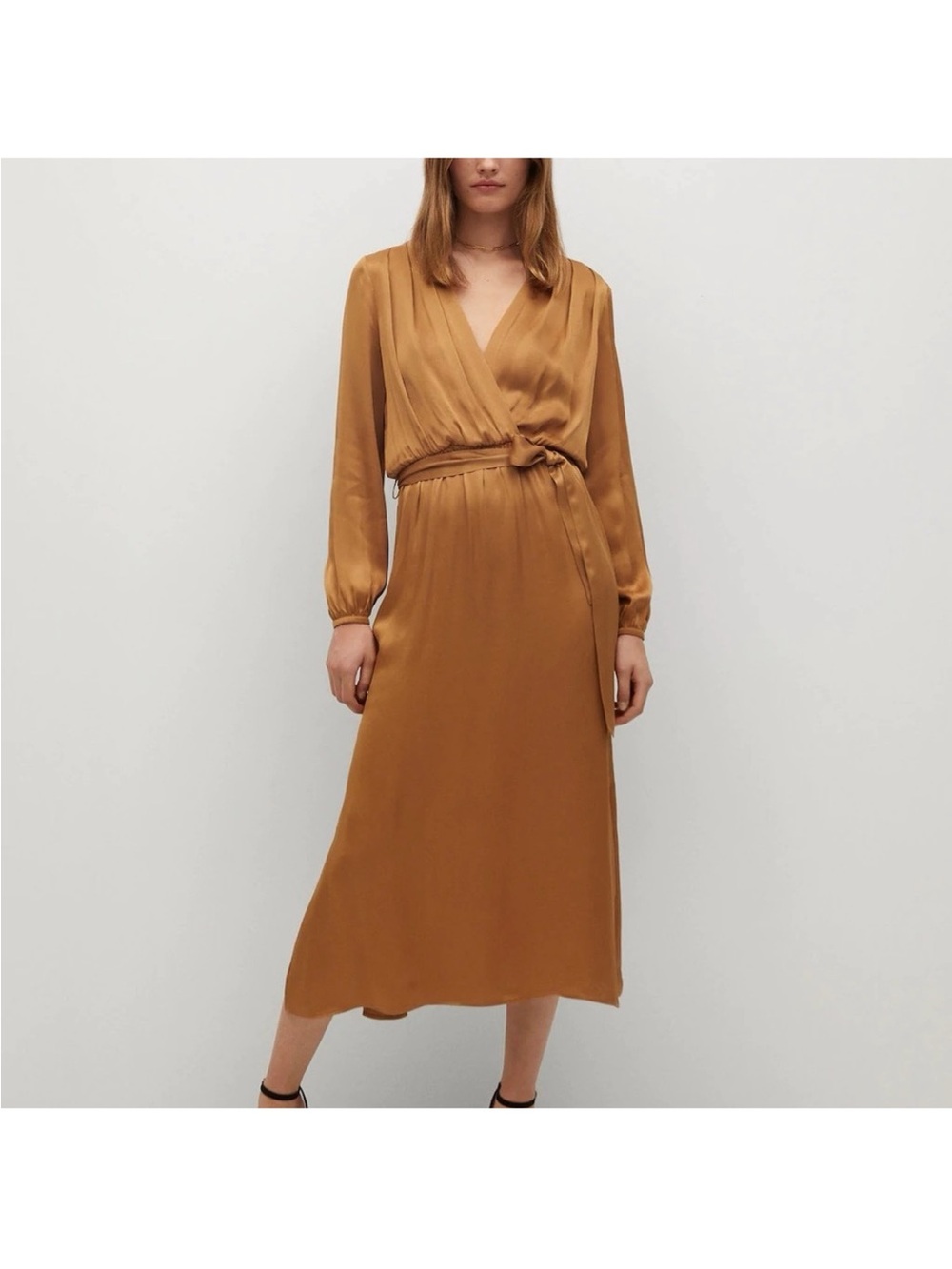 Mango Long Sleeve Wrap Midi Dress in Caramel Brown Sz 8
